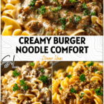 Creamy Burger And Noodles Ground Beef topped with parsley in a rustic bowl ready to serve. 2026